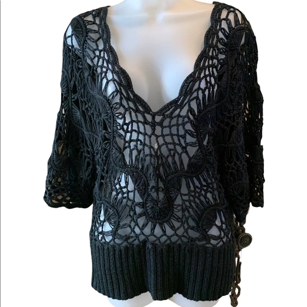 Nicole Max Crocheted Chunky Loose Knit Black V-Neck Sweater Size Medium